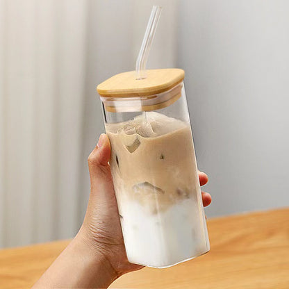 Classic Square Glass Cup with Bamboo Lid & Straw