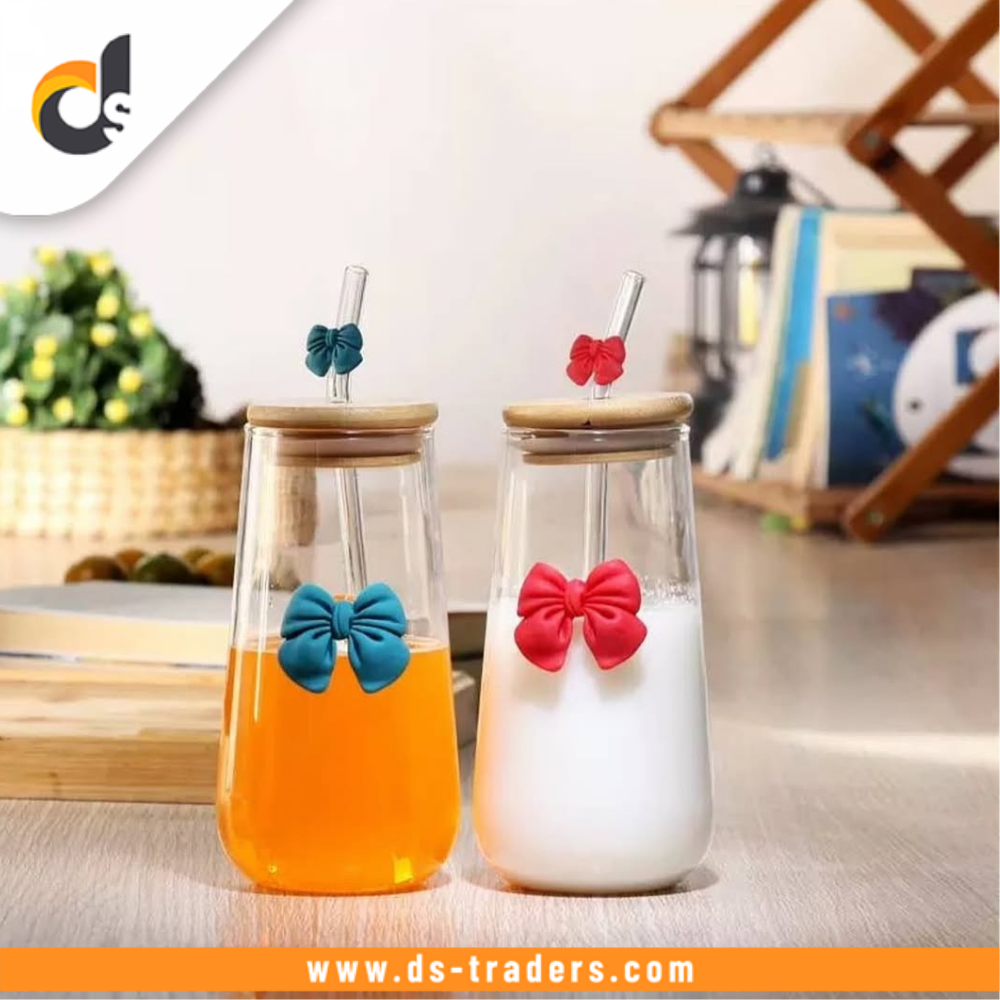 Glass Bow Straw Smoothie Bamboo Lid Cup