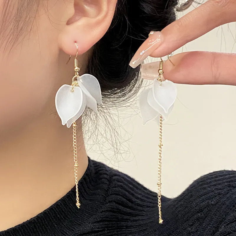 White Flower Petal Long Tassel Earrings