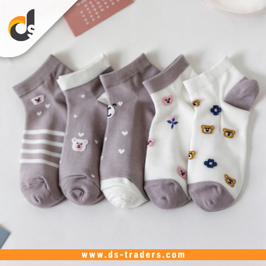 5Pairs/Set Cute Bear Printed Women's Cotton Socks