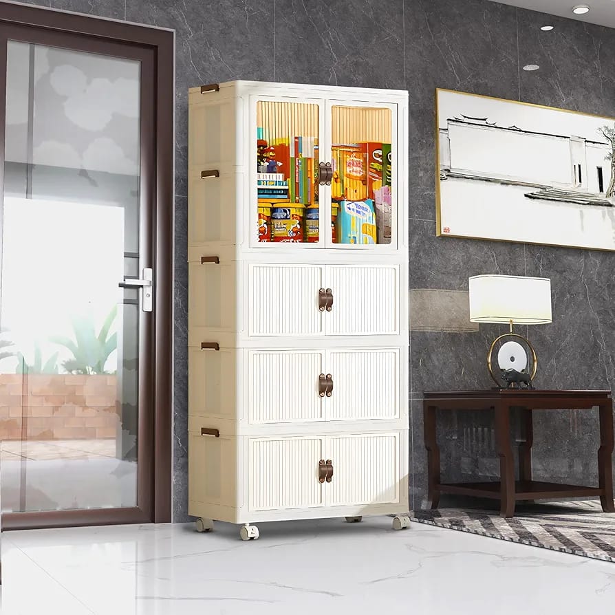 Portable Storage Organizer With Transparent Doors And Wheels
