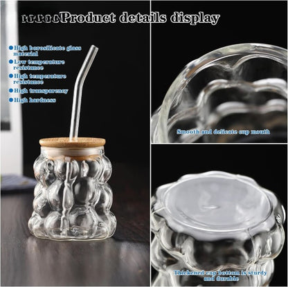Bubble Glass Cup With Bamboo Lid & Straw