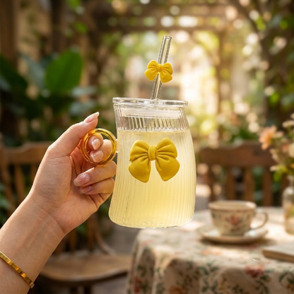 Elegant Curved Bow Glass Mug with Straw