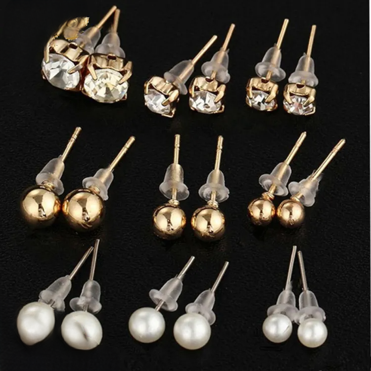 9 Pairs Rhinestone Pearl Stud Earrings