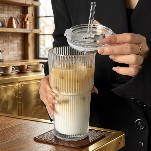 Ribbed Glass Coffee Cup With Lid & Straw