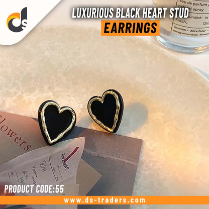 Luxurious Black Heart Stud Earrings