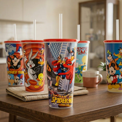 Cartoon Printed Reusable Cup with Lid & Straw