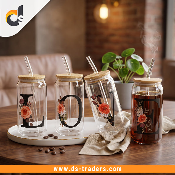 4PCs Love Floral Glass Mug With Wooden Lid
