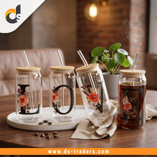 4PCs Love Floral Glass Mug With Wooden Lid