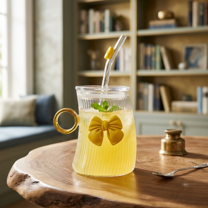 Elegant Curved Bow Glass Mug with Straw