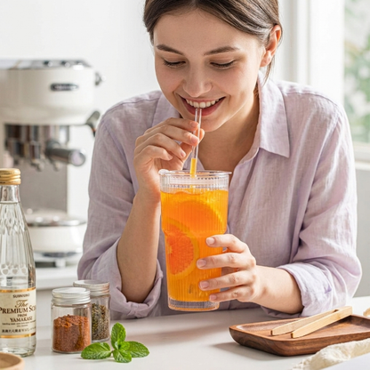 Ribbed Glass Coffee Cup With Lid & Straw