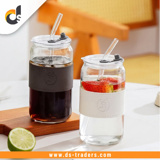 Elegant Leather Sleeve Glass Mug With Lid & Straw