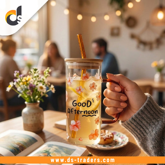 Elegant Greeting Glass Mug With Straw