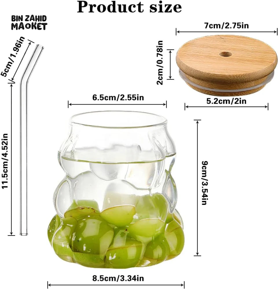Bubble Glass Cup With Bamboo Lid & Straw