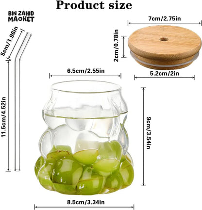 Bubble Glass Cup With Bamboo Lid & Straw