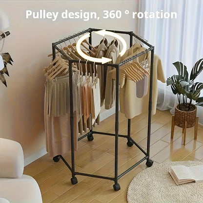360° Rotating Hexagon Cloth Drying Rack With Wheel