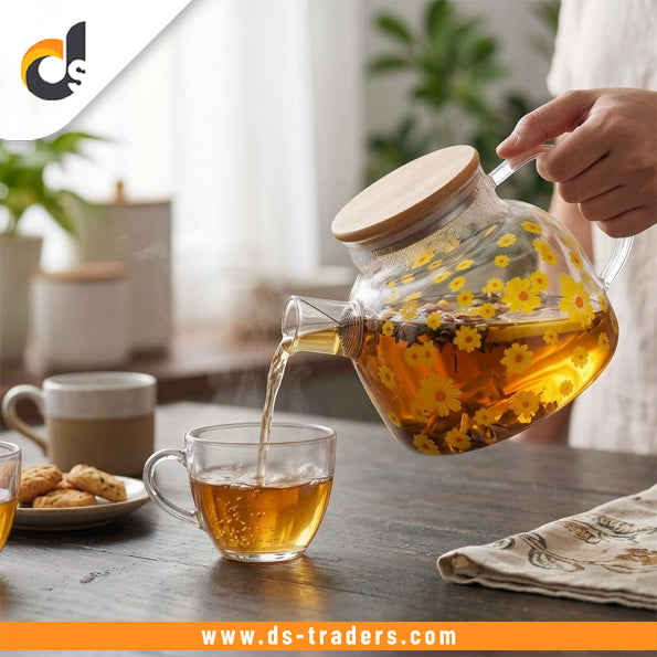 Elegant Floral Glass Kettle With Wooden Lid