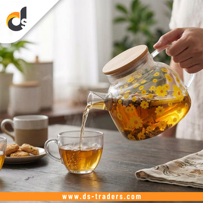Elegant Floral Glass Kettle With Wooden Lid