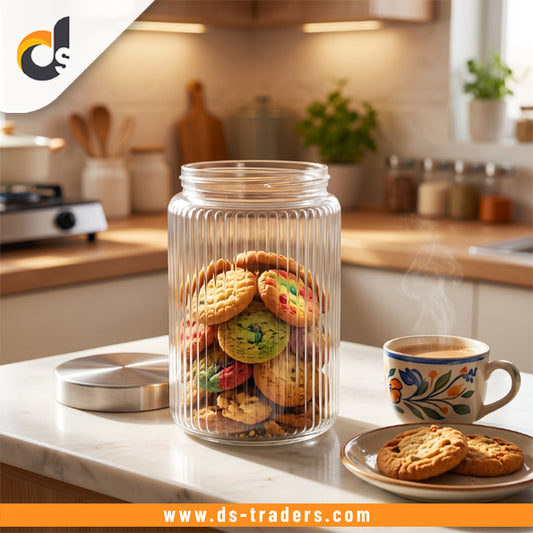 Elegant Transparent Ribbed Glass Storage Jar 1.22L