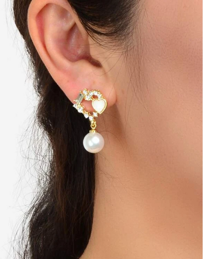 Luxury Zircon Heart Pearl Drop Earrings