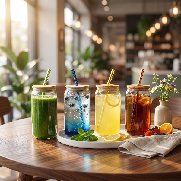 4PCs Rainbow Glass Mug With Wooden Lid
