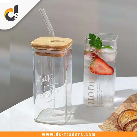 Classic Square Glass Cup with Bamboo Lid & Straw
