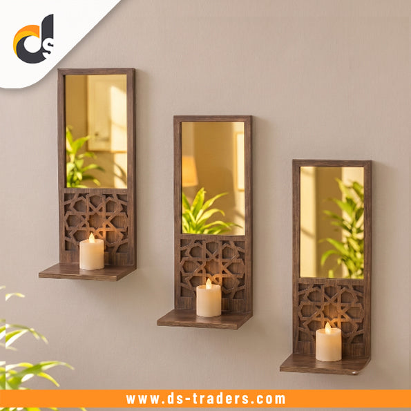 3PCs Wooden & Golden Acrylic Shelf Mirror
