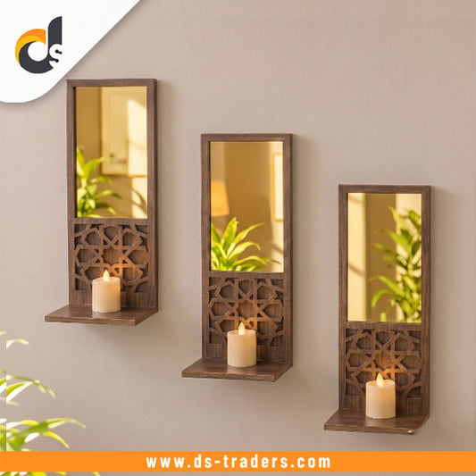 3PCs Wooden & Golden Acrylic Shelf Mirror