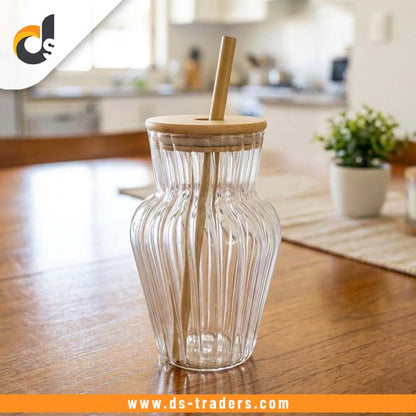 Ribbed Glass Cup with Bamboo Lid & Straw