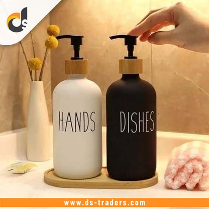 Luxury Hand & Dish Glass Dispenser Set (Wooden Base)