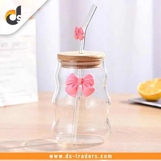 Elegant Bow Glass Cup with Lid and Straw