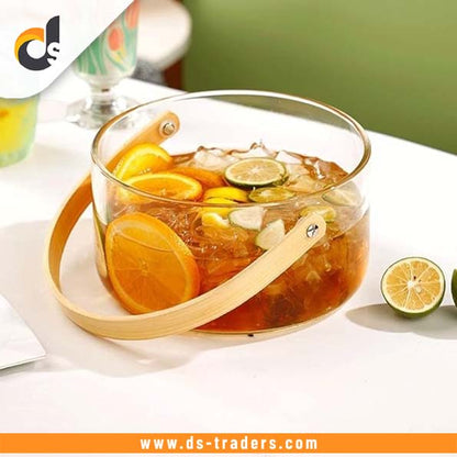 Round Glass Storage Basket with Wooden Handle