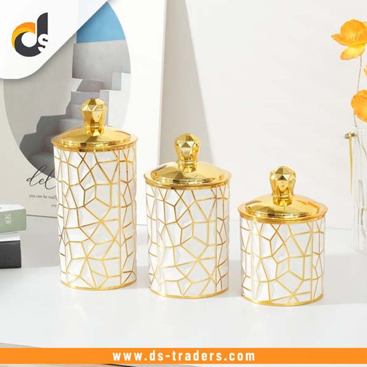 3PCs White & Gold Plastic Airtight Container