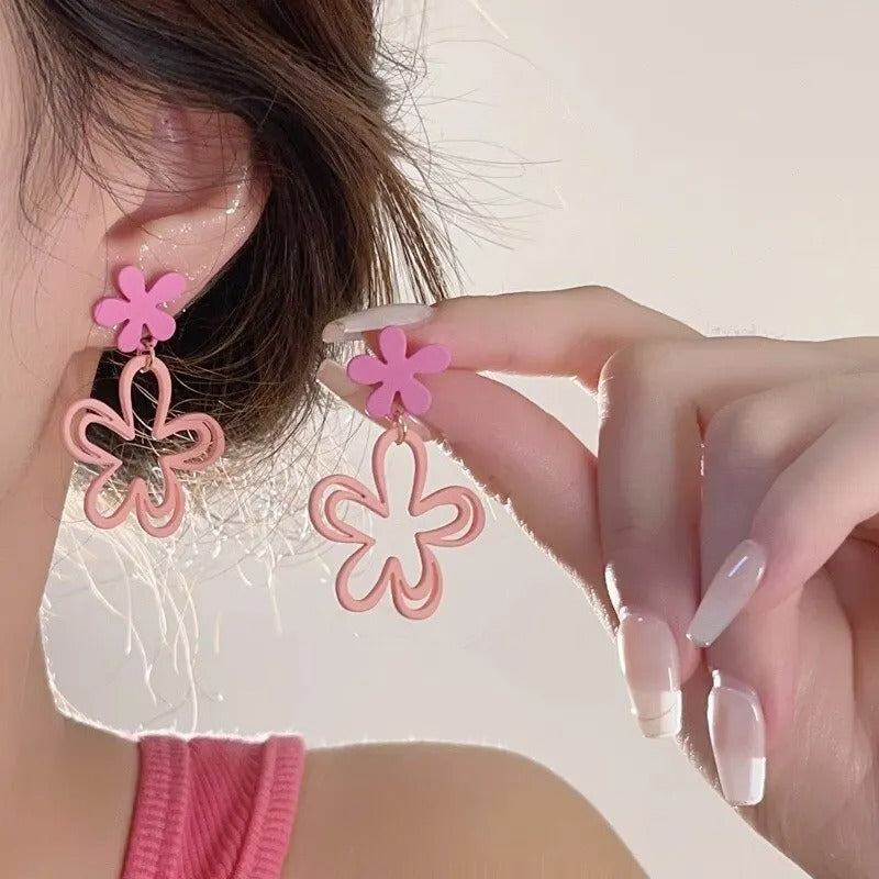 Sweet Pink Flower Petal Drop Earrings