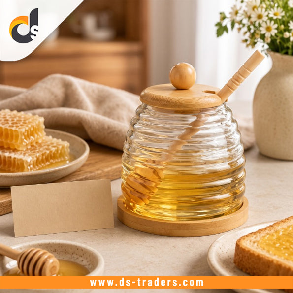 Glass Honey Jar With Wooden Lid & Dipper