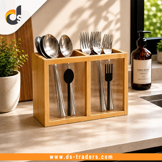 2-Section Wooden Spoon & Fork Storage Organizer