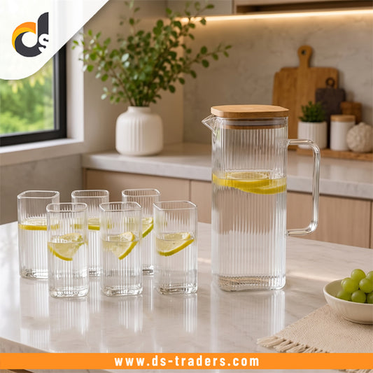 7PCs Ribbed Glass Water Jug Set