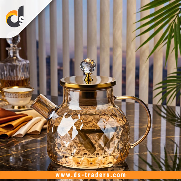 Crystal Glass Tea Kettle With Diamond Cut Lid
