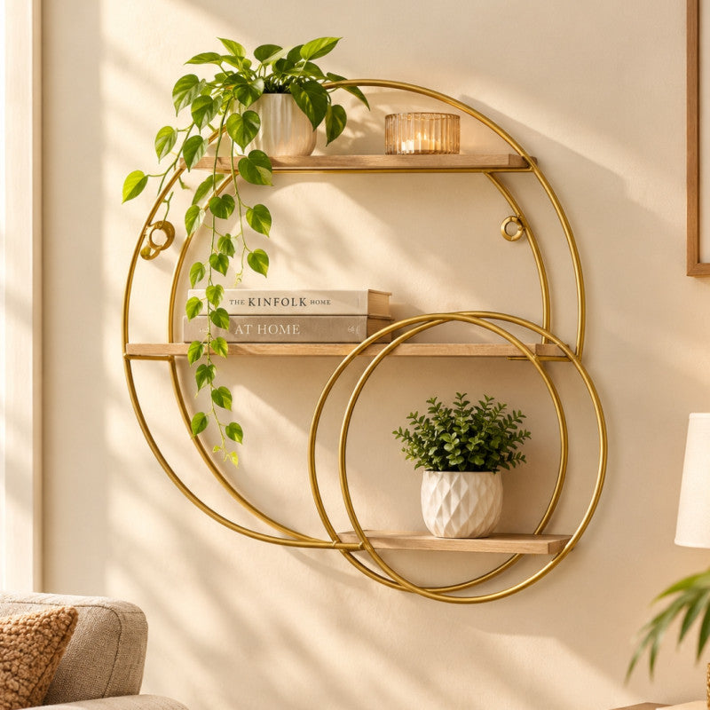Luxury 3-Tier Metal & Wood Wall Shelves