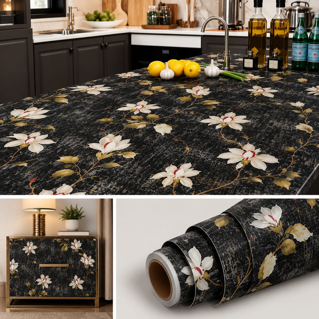 Self Adhesive Black Floral Marble Sheet