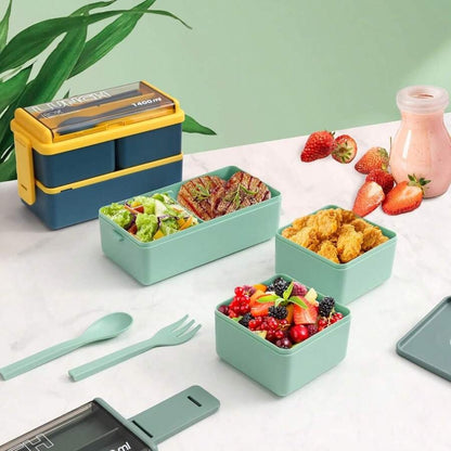 Double Layer Lunch Box With Fork And Spoon (1400ml)