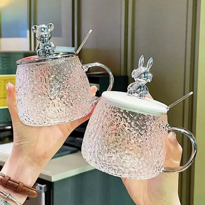 Bear Glass Cup With Lid & Spoon