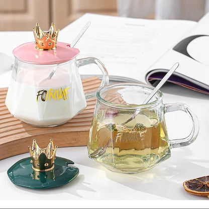 Crown Glass Cup With Lid & Spoon