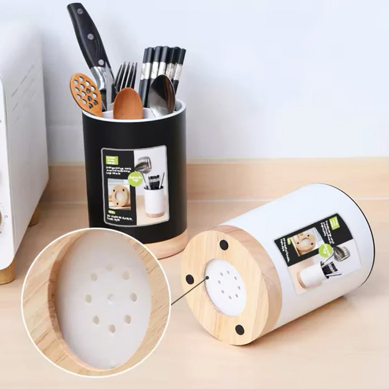 Elegant Utensil Storage Holder With Wooden Base