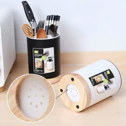 Elegant Utensil Storage Holder With Wooden Base
