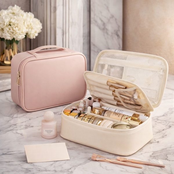 Multi Compartment Leather Cosmetic Bag