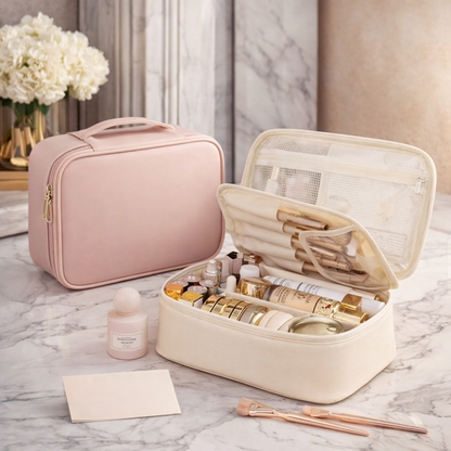 Multi Compartment Leather Cosmetic Bag