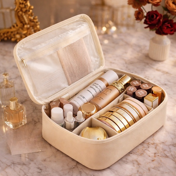 Multi Compartment Leather Cosmetic Bag