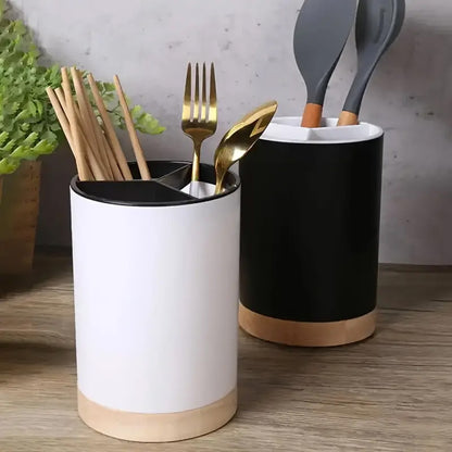 Elegant Utensil Storage Holder With Wooden Base