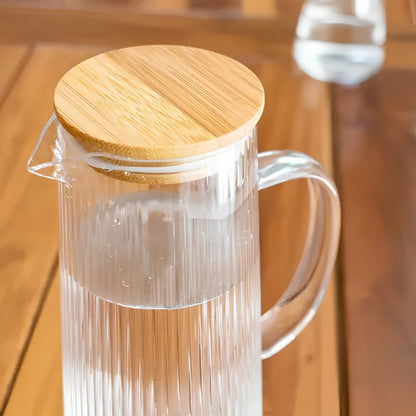 Elegant Ribbed Glass Jug With Wooden Lid  1.1L